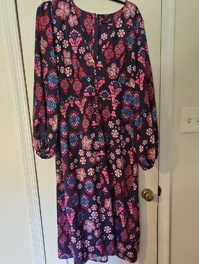 VENUS Navy Long Sleeve Floral Midi Dress With Balloon Sleeves